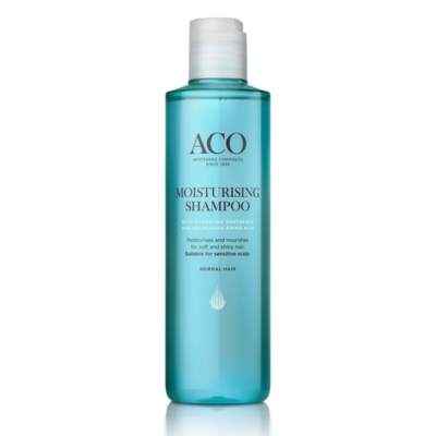 Aco Moisturising shampoo kosteuttaa ja antaa kiiltoa normaaleille hiuksille.