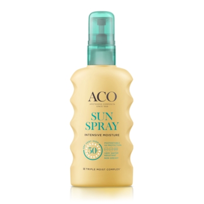 Aco Sun Body Spray SPF50+ on nopeasti imeytyvä aurinkosuojaspray vartalolle.
