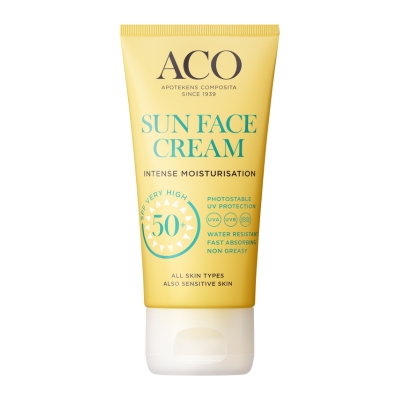 Aco Sun Face Cream SPF50+ hajusteeton on tehokkaasti kosteuttava aurinkosuojavoide.