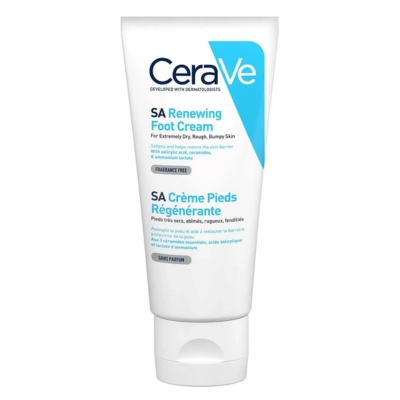 CeraVe SA Renewing Foot cream hoitaa erittäin kuivaa, karheaa ja epätasaista ihoa tehokkaasti.