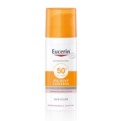 Eucerin Pigment Control Sun Fluid SPF50+ on maksaläiskiä ehkäisevä korkean kertoimen aurinkosuoja.