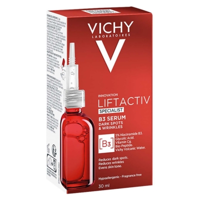 Vichy Liftactiv Specialist B3 seerumi vähentää tummia pigmenttimuutoksia ikääntyvällä iholla.