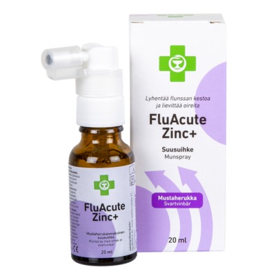 Apteekki Fluacute Zinc+ lievittämään flunssan ensioireita ja lyhentämään kestoa.