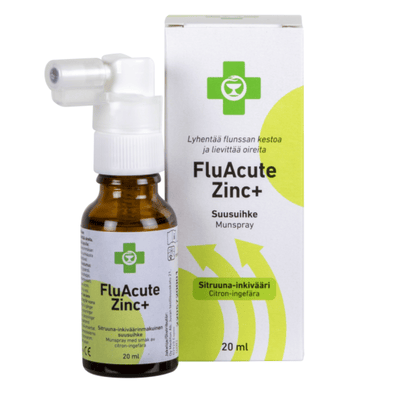 Apteekki Fluacute Zinc+ sitruuna-inkivääri on raikas apu flunssan oireisiin.