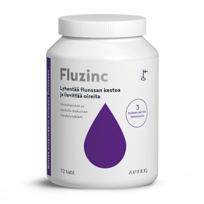 Apteq Fluzinc mustaherukka 72 tabl flunssan ensioireisiin.