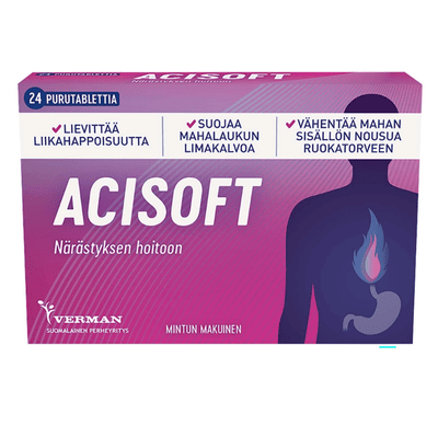 Acisoft 24 purutabl närästysoireisiin ja liikahappoisuuteen.