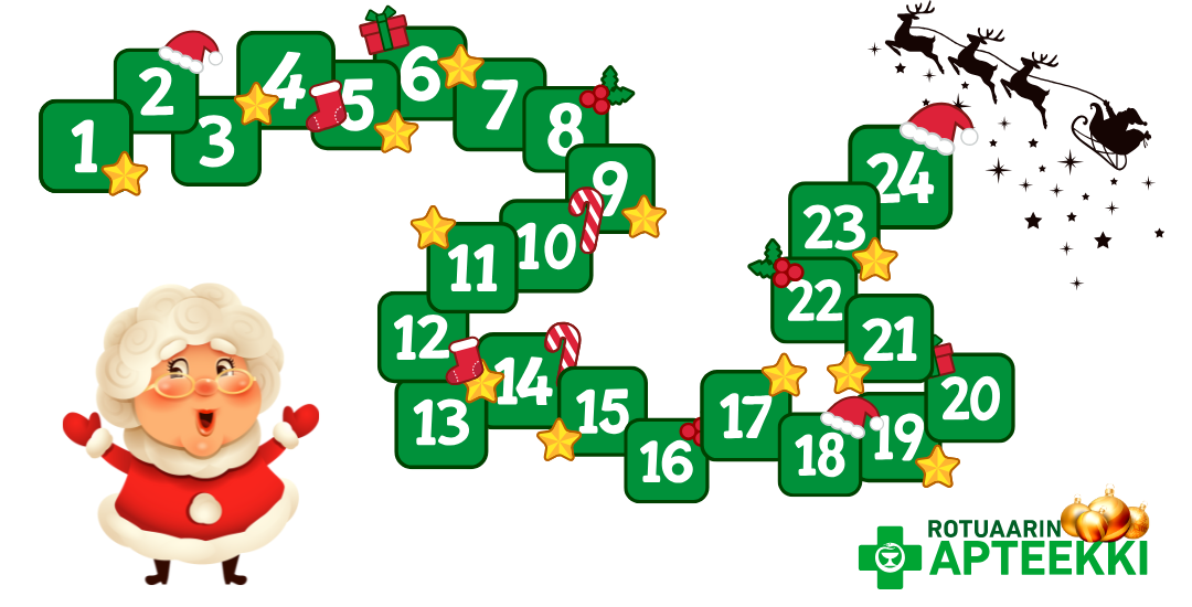 Joulukalenteriarvonta 1.-24.1224 joka päivä apteekissa asioineiden kesken.