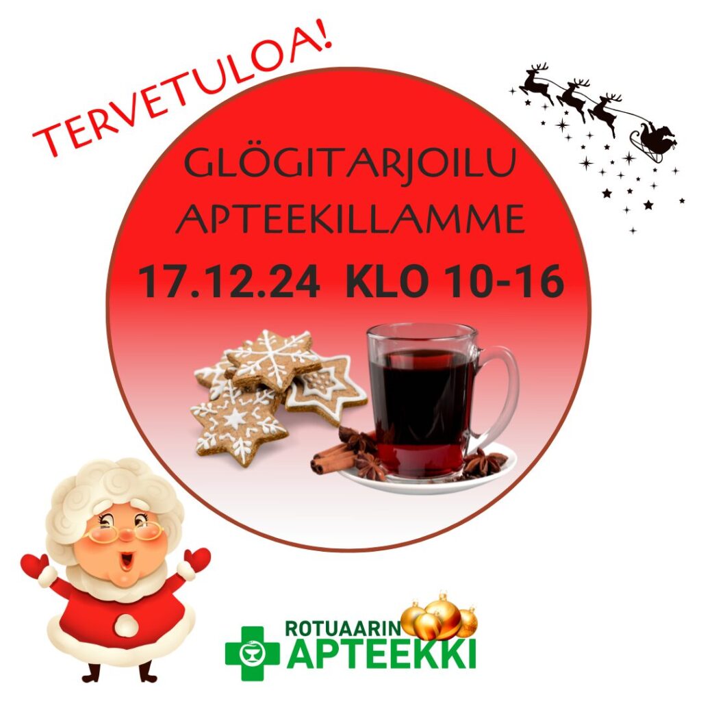 Glögi- ja piparitarjoilu apteekillamme 17.12.24 klo 10-16. Tervetuloa!