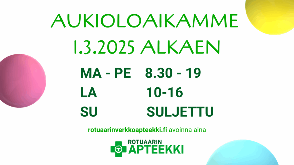 Aukioloaikojen muutos maaliskuussa 2025.