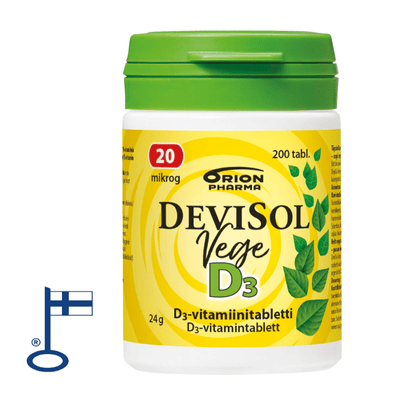 Devisol Vege 20 mcg 200 tabl D-vitamiinilisä vegaaneille ja kasvissyöjille.