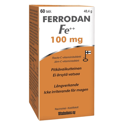 Ferrodan F2+ 100 mg on pitkävaikutteinen ja vahva rauta-C-vitamiinivalmiste.