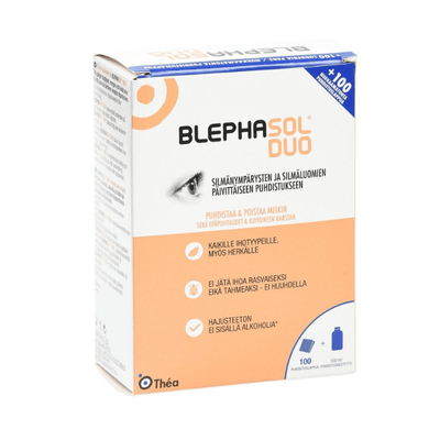 Blephasol Duo puhdistusliuos puhdistaa ja kosteuttaa silmäluomet.