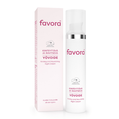Favora kiinteyttävä yövoide ravitsee ihoa.