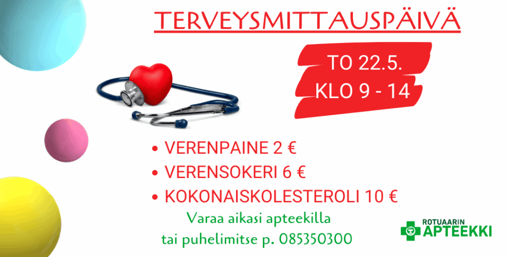 Terveysmittauspäivä apteekillamme Oulun keskustassa 22.5. Tervetuloa!