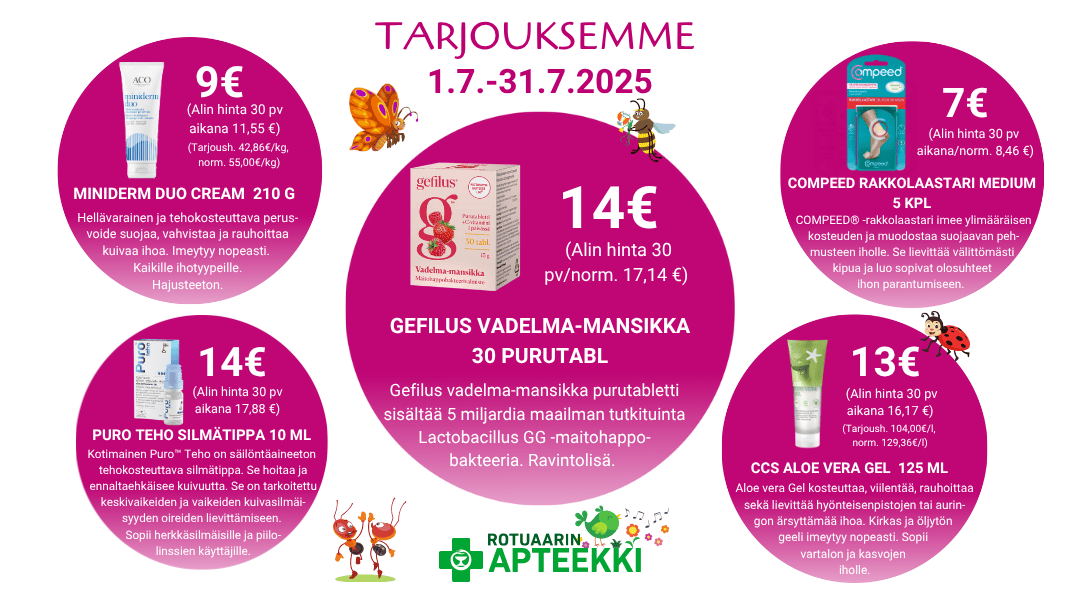 Tarjouksemme heinäkuussa Rotuaarin apteekissa.