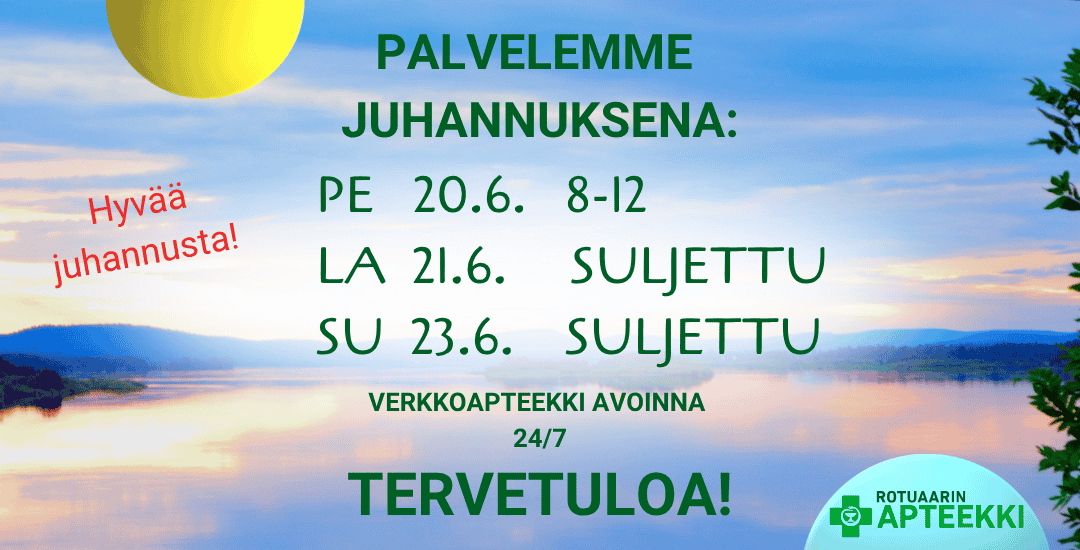 Juhannus 2025 aukioloajat Rotuaarin apteekissa.
