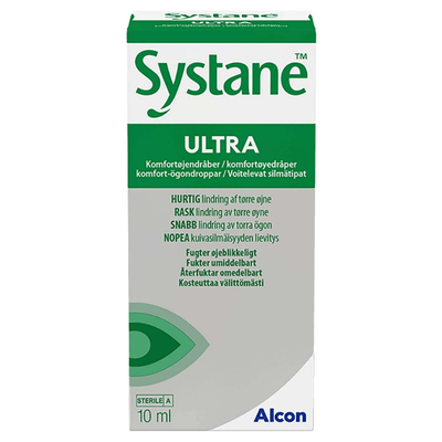 Systane Ultra 10 ml on pitkään kosteuttava silmätippa kuiville silmille.