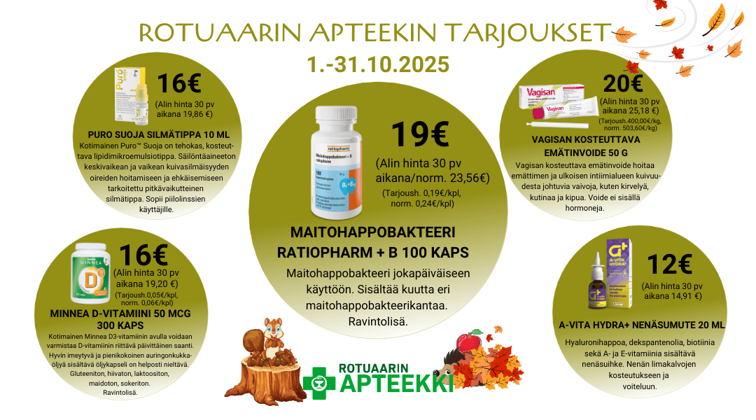 Tarjouksemme lokakuussa Rotuaarin apteekissa Oulun keskustassa.