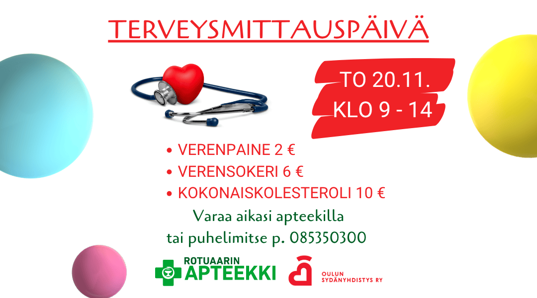 Terveysmittauspäivä 20.11.25 apteekillamme Oulun keskustassa.
