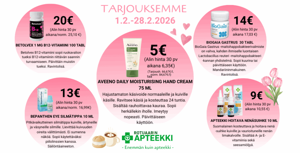 Tarjouksemme helmikuussa 2026 Rotuaarin apteekissa Oulun keskustassa ja verkossa.