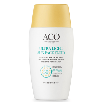 ACO Sun Face Ultra Light Fluid SPF 50+ 40 ml vedenkestävä korkean suojan antava kevyt aurinkovoide.