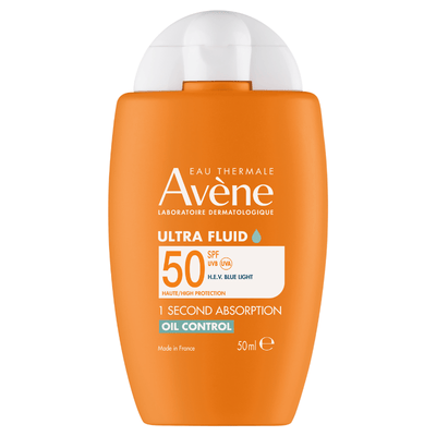 Avene Sun Ultra Fluid Oil Control SPF50 50 ml korkeakertoiminen suoja kasvoille ja kaulalle. Kevyt ja tahmaamaton.