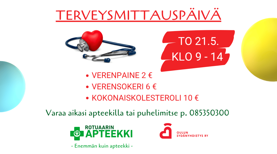 Terveysmittauspäivä apteekillamme 21.5. jälleen Oulun keskustassa.
