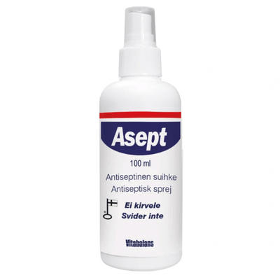 Asept kirvelemätön suihke 100 ml pienten haavojen ja naarmujen hoitoon.