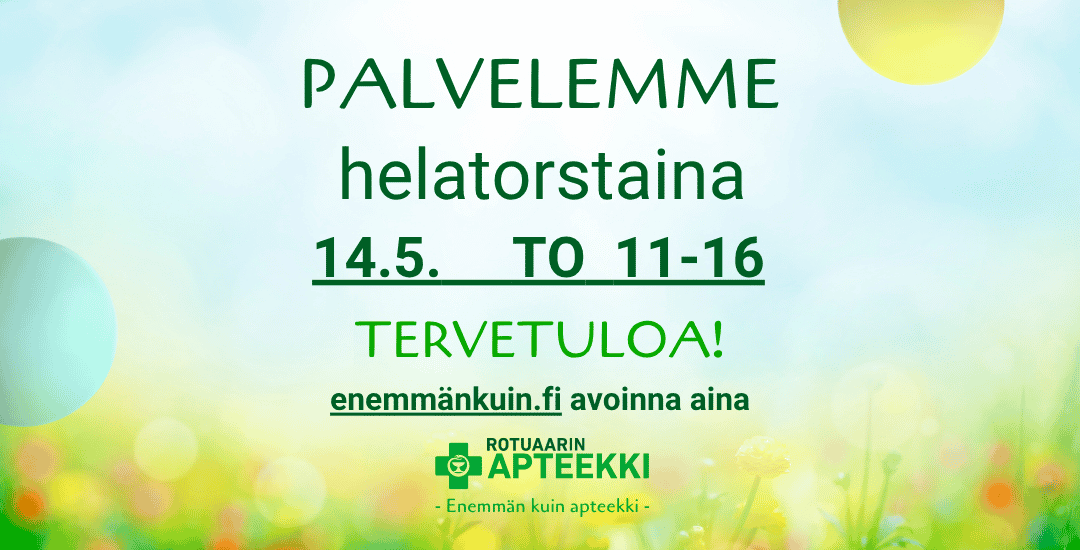 Palvelemme helatorstaina Oulun keskustassa 14.5.26 klo 11-16. Tervetuloa!
