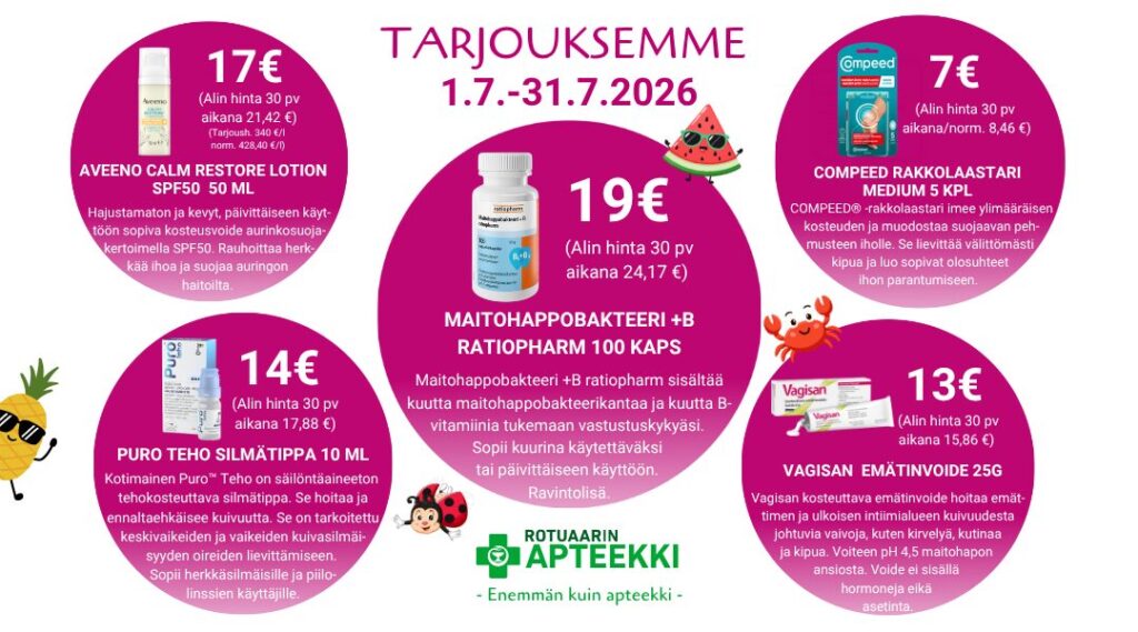 Tarjouksemme heinäkuussa hoitaa kesän tarpeita. Hanki Rotuaarin apteekista Oulun keskustasta.