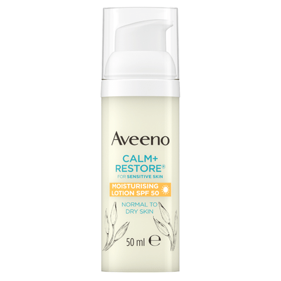 Aveeno Calm Restore Moisturising Lotion SPF50 50 ML kosteuttava suojakertoimella varustettu voide päivittäiseen käyttöön.