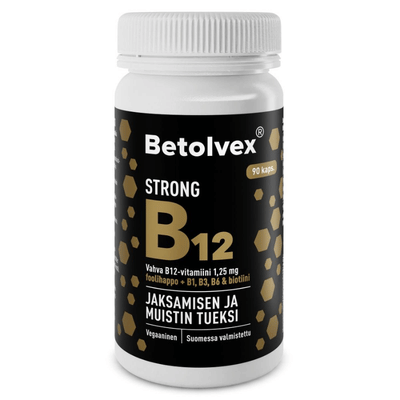 Betolvex Strong B12 -vitamiini on suomalainen monipuolinen vitamiini jaksamisen ja muistin tueksi.