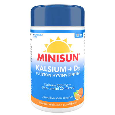 Minisun Kalsium + D3 purutabletti luuston hyvinvointiin.
